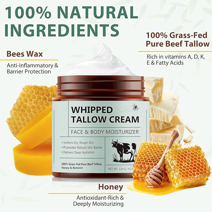 Beef Tallow for Skin, Whipped Tallow Cream Organic for Face, 100% Grass-Fed Pure Beef Tallow, Honey & Beeswax, Whipped Tallow Honey Balm for Face Moisturizer Body Lotion Skin Care for Sensitive Skin