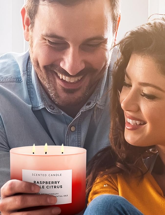 Large 3 Wick Soy Candle 15.8 oz - Raspberry Apple Citrus Scented Candle with Cranberry & Warm Cinnamon - Clean Burn, Long Lasting - Aromatherapy Candle for Relaxation & Stress Relief