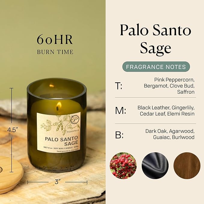 Paddywax Eco Green Collection Soy Wax Blend Candle in Glass Jar, Palo Santo Sage Scent, Green Vessel with Wood Lid, 8 oz