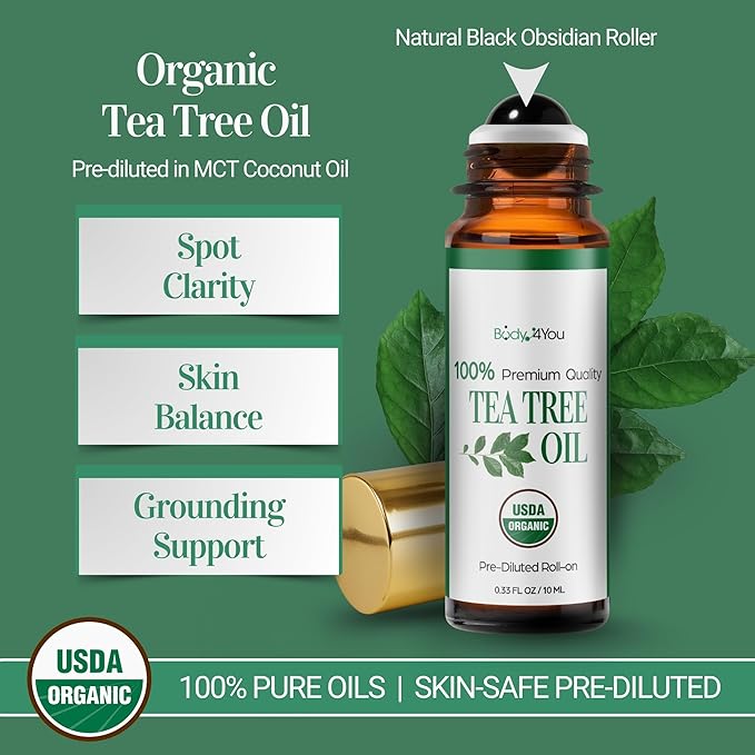 BodyJ4You Tea Tree Essential Oil Roller - Pure 100% USDA Organic MCT Coconut Oil - Natural Black Obsidian Stone Roller - Blemish Spots Clarify Cuticle Feet Scalp - Amber Glass Bottle Rollerball (10ml)