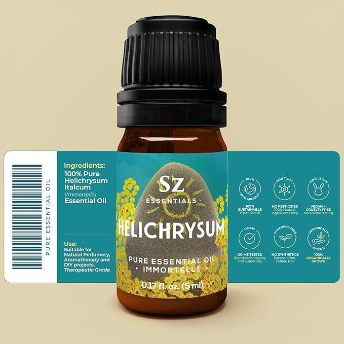 Helichrysum 100% Pure, Essential Natural Oil - Extracted from Helichrysum Italicum Immortelle - Pleasant & Sweet Scent with Floral Overtones - Therapeutic Grade & Vegan - 0.17 oz (5ml)