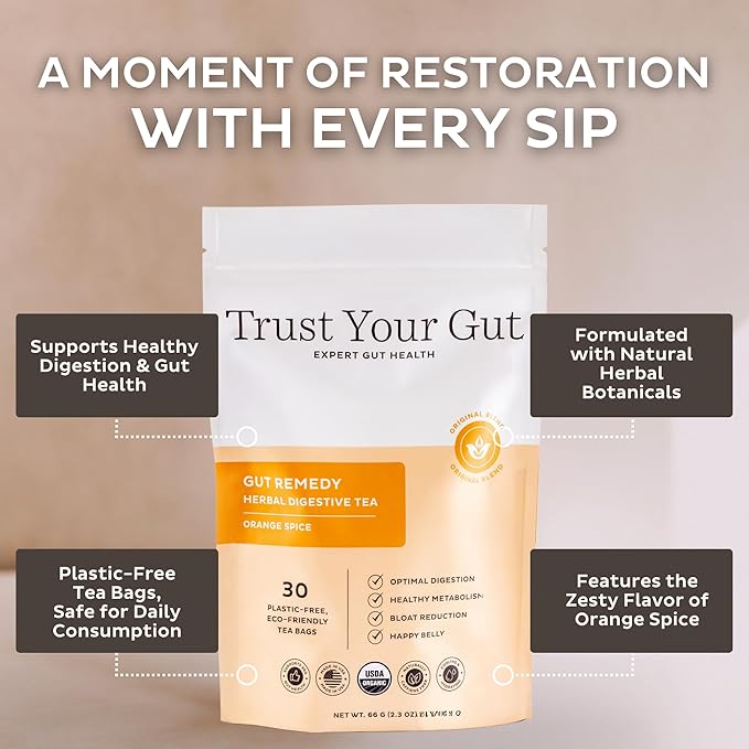 Trust Your Gut Organic Herbal Tea Blend – Lemon Balm, Holy Basil, Dandelion & Ginger Root – Supports Healthy Digestion & Gut Balance – Orange Spice, 30 Bags