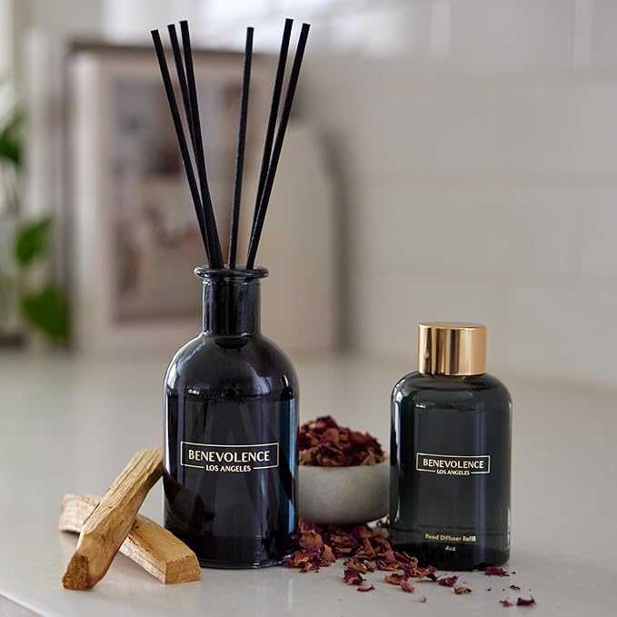 Benevolence LA Rose & Sandalwood Reed Diffuser Oil Refill | Long Lasting Home Fragrance for Bathroom and Bedroom | Essential Oils for Relaxation - 4 oz