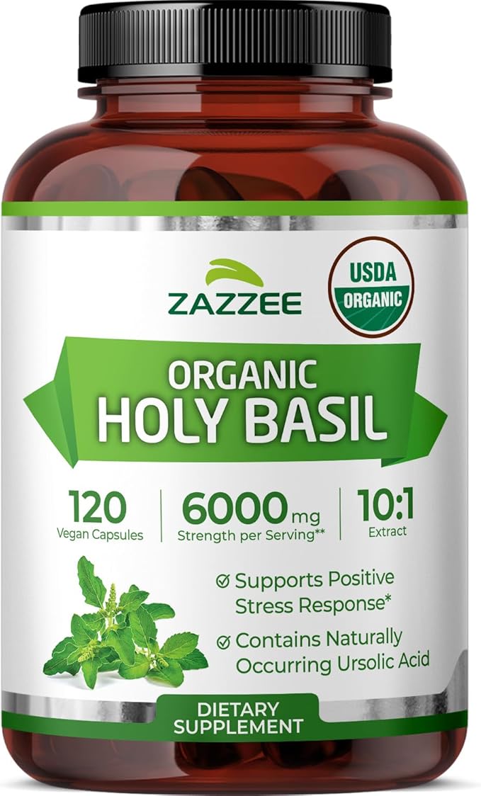 Zazzee USDA Organic Holy Basil 10:1 Extract, 6000 mg Strength, 120 Vegan Capsules, Concentrated and Standardized 10X Tulsi Extract, Ursolic Acid, 100% Certified Organic, Non-GMO