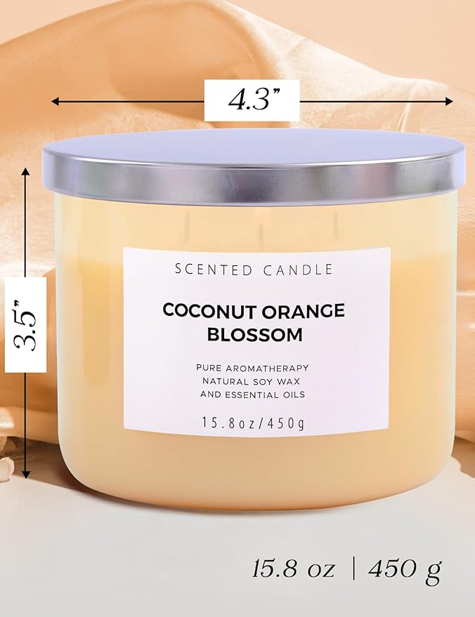 Coconut Orange Blossom 3 Wick Soy Candle, 15.8 oz - Tropical Coconut Scented Candle for Aromatherapy Stress Relief - Clean Burning, Long Lasting, Highly Scented Soothing Candles for Home