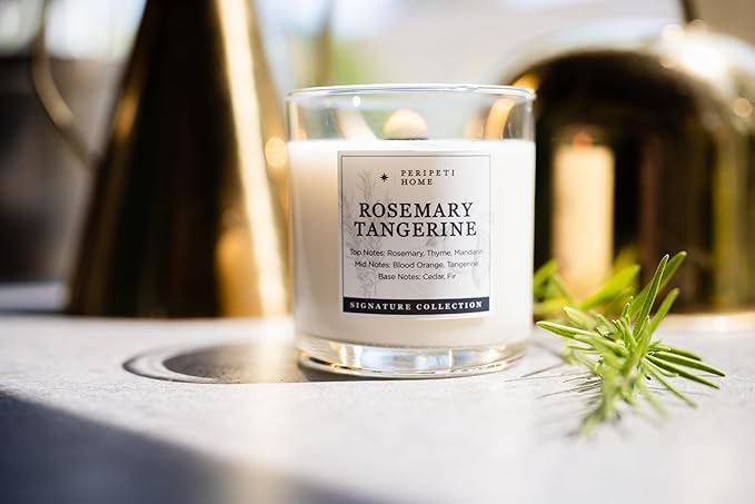 PERIPETI Home Rosemary + Tangerine Scented Candle - Wooden Wick, 8.5oz Natural Soy Wax for Energizing Aromatherapy - Long-Lasting Citrus & Herbal Fragrance for Home or Spa