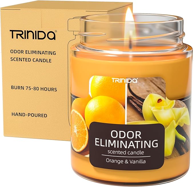 TRINIDa Orange & Vanilla Odor Eliminating Candles for Home Scented, Eliminates 99% of Pet, Smoke, Food and Other Smells Quickly, Highly Fragranced Candle, Premium Soy Candles Set for Women