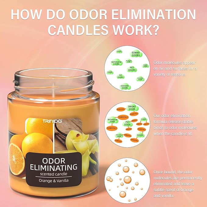 TRINIDa Orange & Vanilla Odor Eliminating Candles for Home Scented, Eliminates 99% of Pet, Smoke, Food and Other Smells Quickly, Highly Fragranced Candle, Premium Soy Candles Set for Women