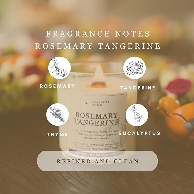 PERIPETI Home Rosemary + Tangerine Scented Candle - Wooden Wick, 8.5oz Natural Soy Wax for Energizing Aromatherapy - Long-Lasting Citrus & Herbal Fragrance for Home or Spa