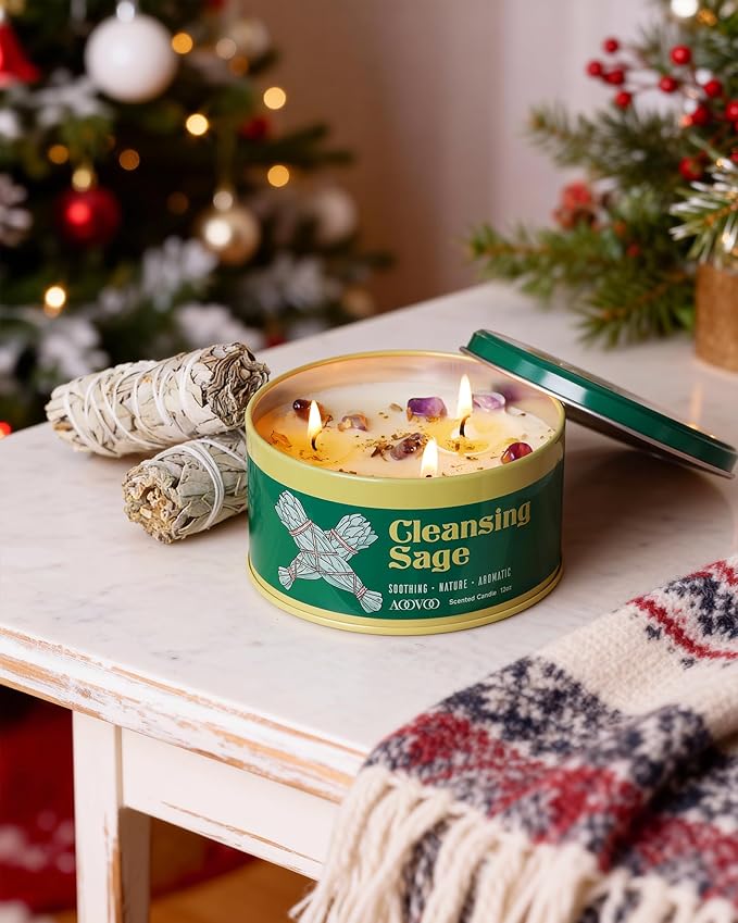 AOOVOO Sage Candle for Cleansing - 3 Wick 12oz Large Scented Candle with Crystals & Sage Leaves Inside, Soy Candles Non Toxic for Meditation Spiritual Gift, Aromatherapy Candle for Women Men