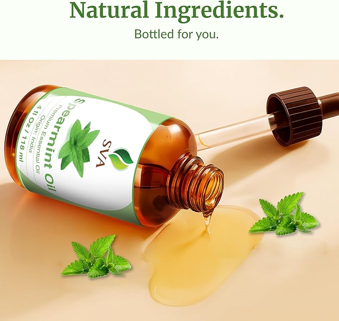 SVA Spearmint Essential Oil – 4 Fl Oz – 100% Natural Spearmint Oil - for Diffuser, Hair Care, Face, Skin Care, Aromatherapy, Scalp and Body Massage, Soap and Candle Making – with Dropper