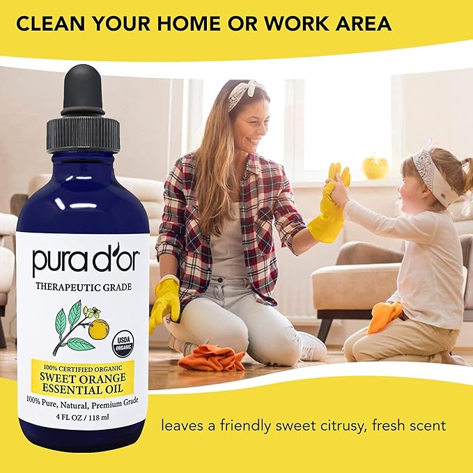 PURA D'OR Organic Sweet Orange Essential Oil (4oz with Glass Dropper) 100% Pure & Natural Therapeutic Grade for Hair, Body, Skin, Scalp, Aromatherapy Diffuser, Energy, Mood, Vitality, Cleansing, Home