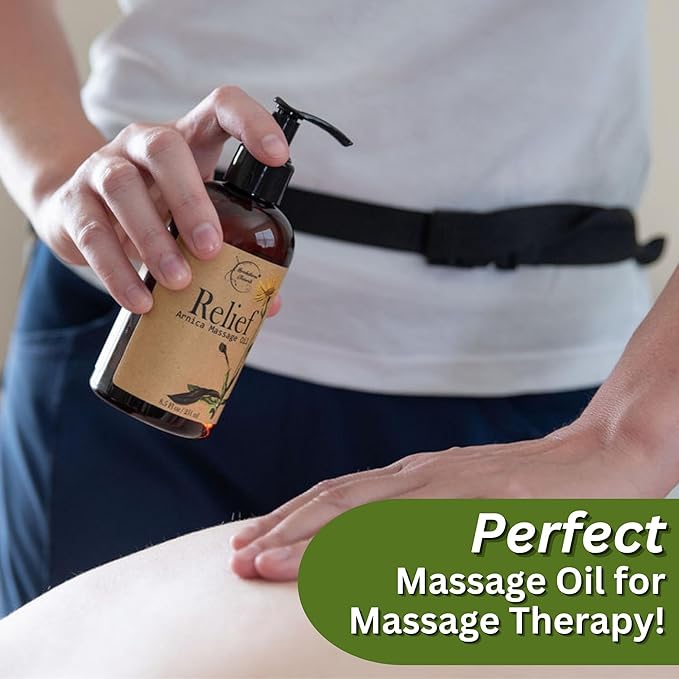 Relief Arnica Massage Oil for Massage Therapy, Home Use & Therapeutic Massaging | Great for Lymphatic Drainage, Sore Muscles & Joints | All Natural with Arnica Montana & Lemongrass Essential Oil