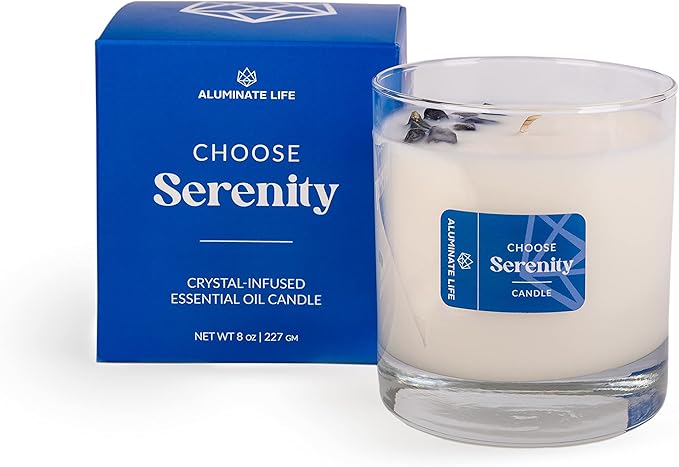 Luxury Glass Jar Candle, 8 OZ, Choose Serenity - Sodalite Crystal Infused - Scents of Grass, Cypress, Vanilla & Sandalwood - Calm, Peace, & Untroubled - Coconut Wax, Essential Oils