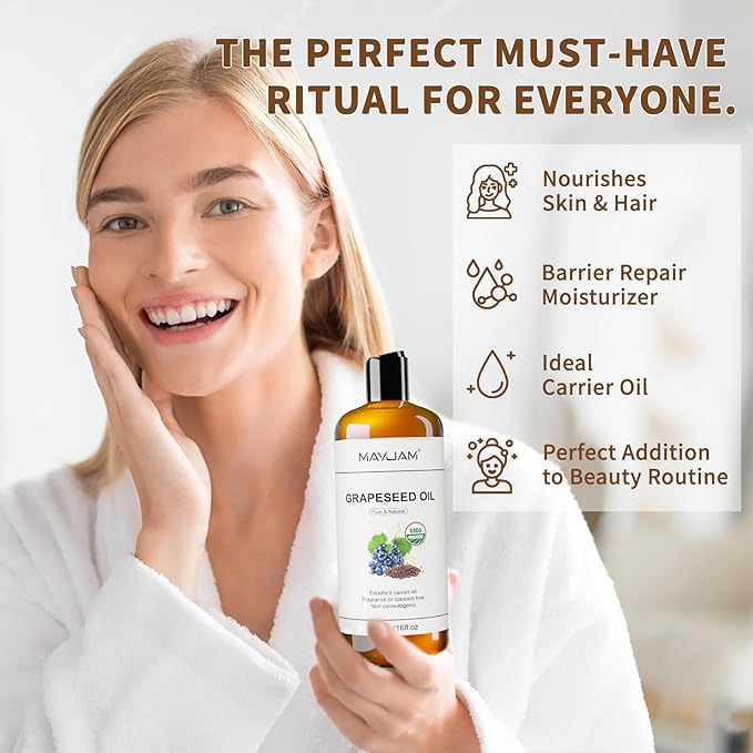 MAYJAM Organic Grapeseed Oil for Skin & Hair 16 oz, USDA Certified 100% Pure & Natural Grape Seed Oils, Cold Pressed Body Massage Carrier Oil for Skin Face Essential Oils Mixing, Hexane Free