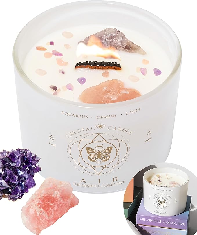 Aquarius, Gemini, Libra Gifts for Women - 12oz Wood Wick Candles That Crackle with Crystals and Healing Stones. Healing Crystal Candles for Women Home Scented. Soy Wax, for Zodiac Birthdate