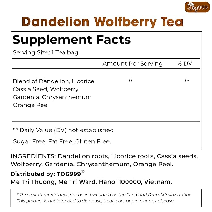 TOG999, Organic Dandelion Wolfberry Tea, 9 Herbal Ingredients, Traditional Recipe Tea for Kidney & Liver, Natural Dandelion, Wolfberry, Gardenia, Cassia Seed, Chrysanthemum, Licorice, Orange Peel