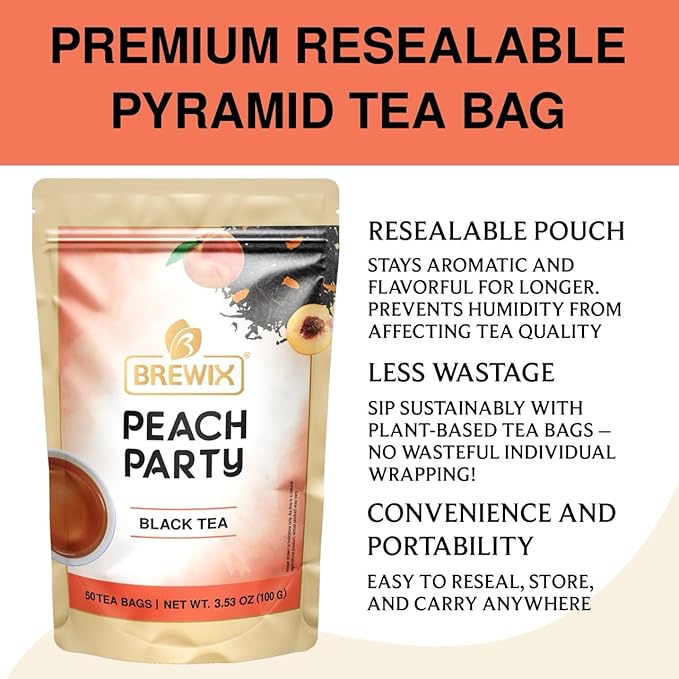 BREWIX, Peach Black Tea (50 Plant Based Pyramid Bags) | Premium Black Tea with Peach | Floral & Refreshing | Iced or Hot | Caffeinated And Sugar-Free