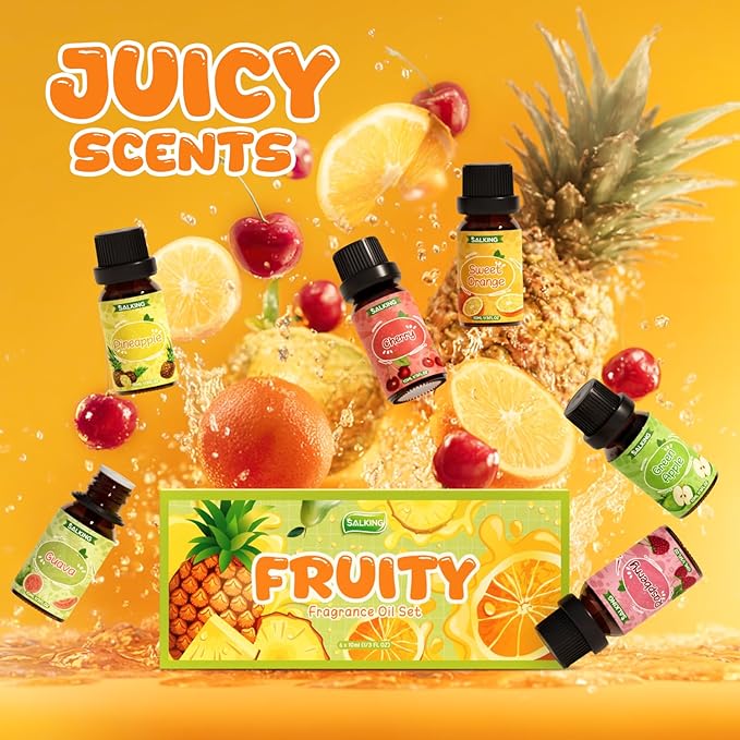 SALKING Fruity Fragrance Essential Oils Set, Essential Oil Gift Set Scented Oils for Diffuser Candle Making - Pineapple,Guava, Raspberry, Green Apple, Orange, Cherry