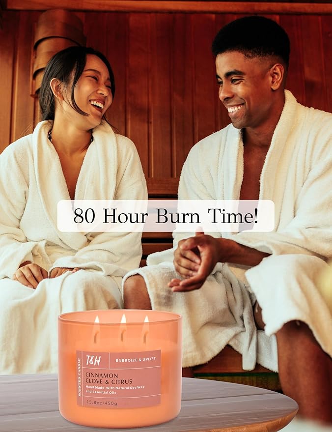 Cinnamon Clove & Citrus 3-Wick Soy Scented Candle, 15.8 oz Large Jar, Spiced Orange Clove Aromatherapy Candle, Winter Home Fragrance, Long Lasting, Clean Burning