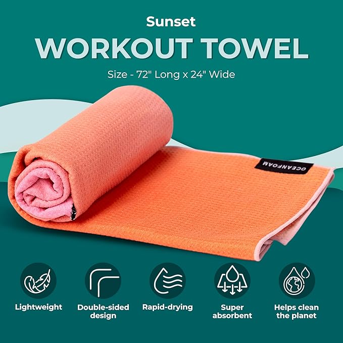 Oceanfoam Beach Towel – Lightweight, Absorbent, Quick-Drying, Sand-Resistant, Non-Slip – Ideal for Workouts, Yoga, Pilates, Beach, Pool, Boat & Travel – 25% Recycled – 72"x24" (Sunset)