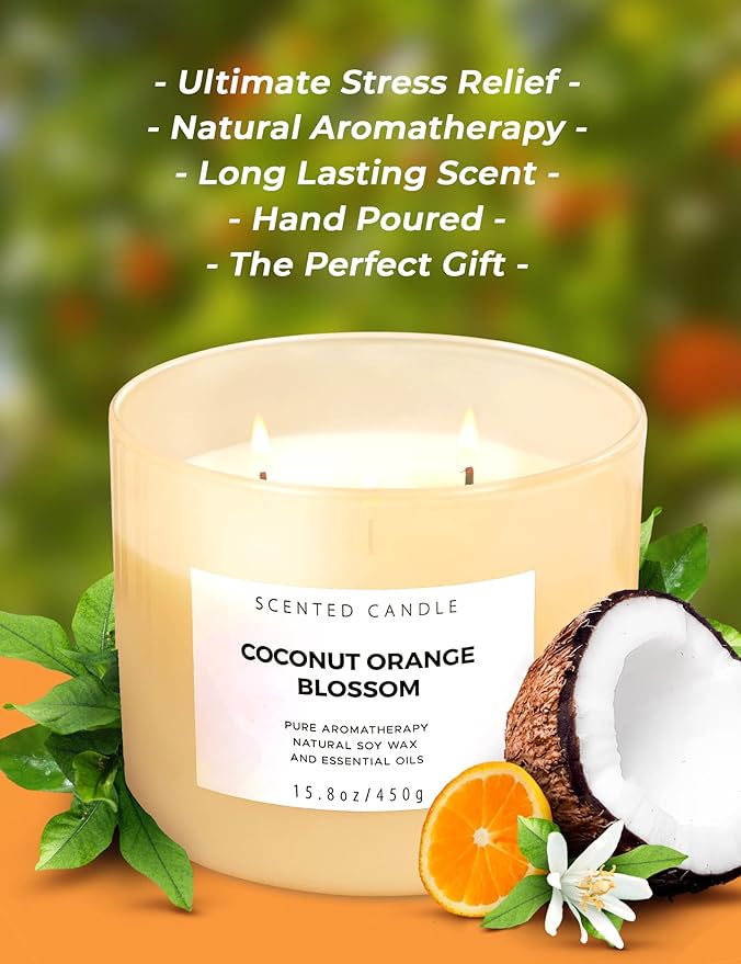 Coconut Orange Blossom 3 Wick Soy Candle, 15.8 oz - Tropical Coconut Scented Candle for Aromatherapy Stress Relief - Clean Burning, Long Lasting, Highly Scented Soothing Candles for Home