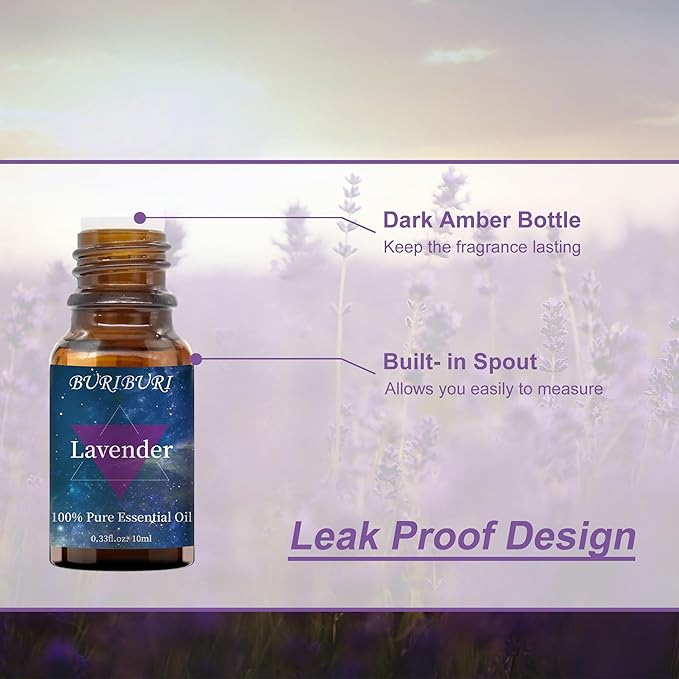 BURIBURI Lavender Essential Oil for Diffuser, Skin, Soap & Candle Making, 100% Pure Undiluted Natural Organic Lavender Aromatherapy Oils 10ml