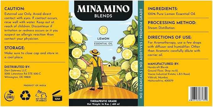 16 fl oz - Lemon Essential Oil (100% Pure & Natural) Large Aluminum Bottle for Aromatherapy, Diffuser, Candle & Soap Making - Minamino Blends