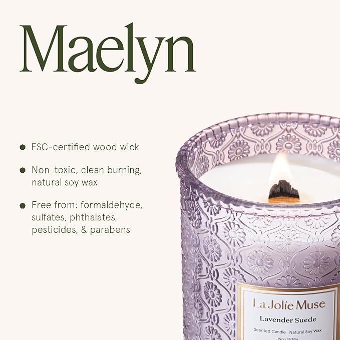LA JOLIE MUSE Lavender Suede Candle – Eucalyptus, Lavender & Sandalwood 19 oz Large Wooden Wick Candle | Natural Soy Wax | 90 Hours Clean Burn | Aromatherapy Candle for Relaxation
