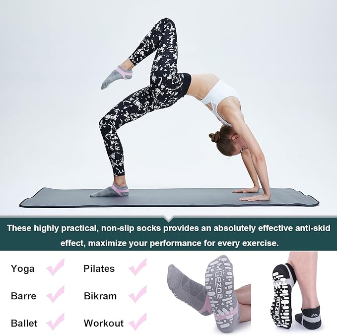 Muezna Non Slip Yoga Socks for Women, Anti-Skid Pilates, Barre, Hospital Socks with Grips, Size 5-10