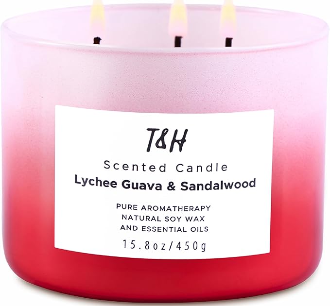 Lychee Guava Sandalwood 3-Wick Soy Scented Candle, 15.8 oz Large | Tropical Fruity Candle for Home | Aromatherapy Candle | Highly Scented, Clean Burning, Long Lasting
