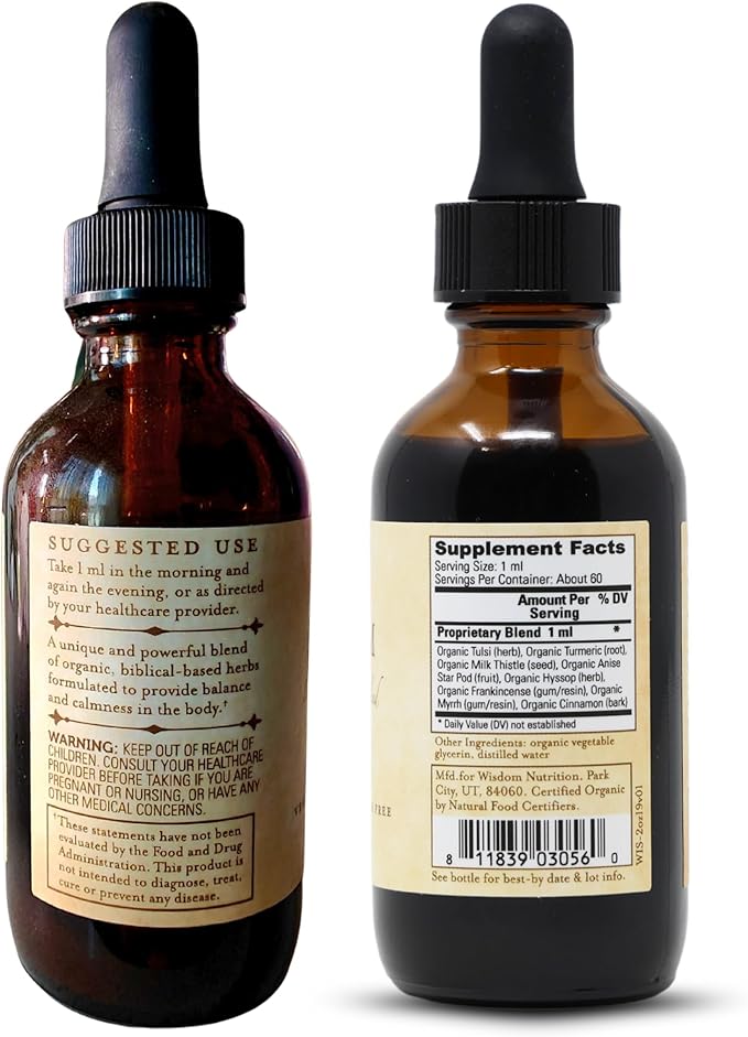 Organic Turmeric, Frankincense and Myrrh – Herbal Supplement Blend for Energy, Detox, Focus, Immunity & Stress – Non-GMO Vegan Tonic with Milk Thistle – Wisdom Bible Based Blend – 2oz Liquid Drops