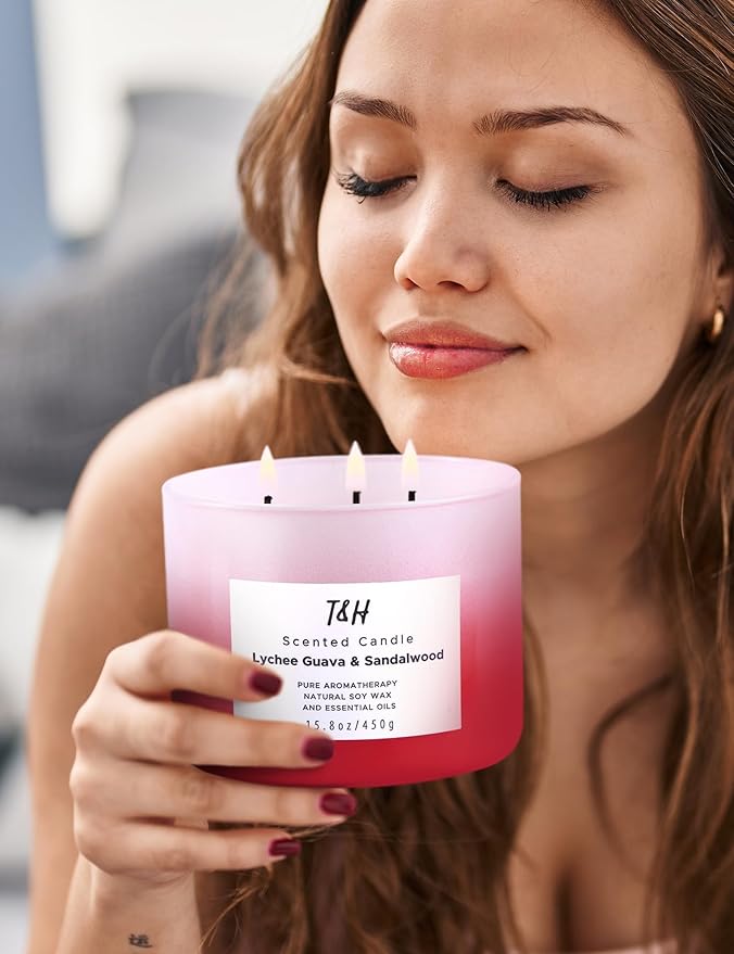 T&H Lychee Guava & Sandalwood 3 Wick Scented Candles, Citrus Patchouli Forest Aromatherapy Soy Candles, 2 x 15.8 Oz