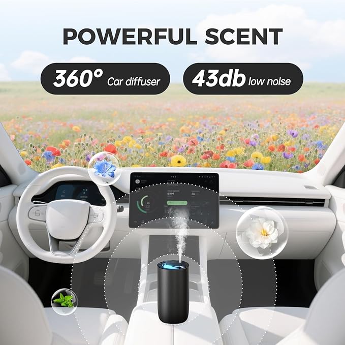 Mini Waterless Car Essential Oil Diffuser for Homes, Offices, Spas and Hotels， Black Finish -Aromatherapy Oil Diffuser for Aesthetic Scent,15ml Capacity - LED Light,Pet and Child-friendly,Quiet
