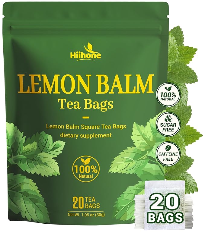Hiihone Lemon Balm Tea Bags, Pure & Natural Melissa Officinalis Herbal Tea, Premium Dried Lemon Balm Leaf with Naturally Lemony & Citrusy Flavor, Caffeine-Free, Non-GMO, 20 Count