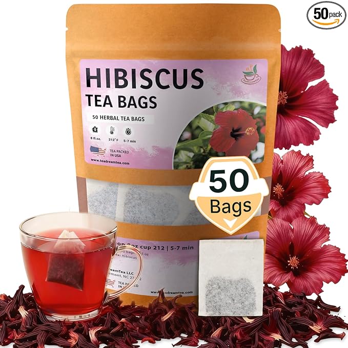 TeaDreamTea Hibiscus Tea Bags | 50 Bleach-Free Tea Bags | Caffeine Free | Dried Hibiscus Flowers | Hibiscus Flower Tea | Dried Flower Tea | Brew Hot or Iced |Herbal Hibiscus Tea