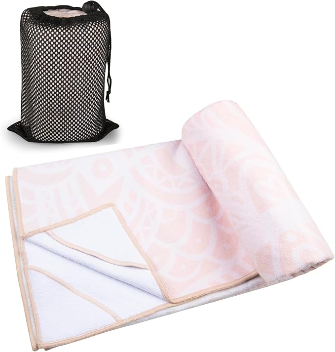 Colorful Star Yoga Towel with Corner Pockets, Non Slip Grip Dots Sweat Absorbent Hot Yoga Mat Towels, Soft Yoga Blankets with Travel Bag, Mat Cover for Workout, Gym, Fitness - 70"x26", Pink Mandala