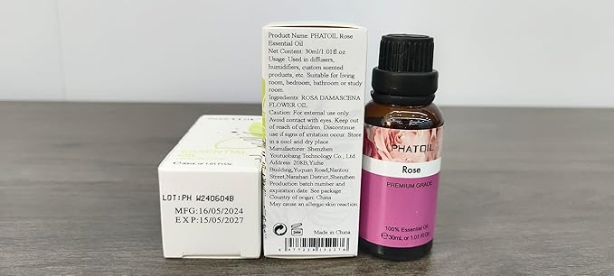 Rose Essential Oil, 1.01Fl.Oz (30ML) PHATOIL Pure Essential Oil Singles for Aromatherapy Diffusers, Humidifiers, Great for DIY Candle and Soap Making, Gift for Friend