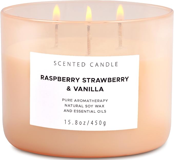 Raspberry Strawberry Vanilla 3-Wick Scented Soy Candle 15.8 oz | Large Sweet Berry Vanilla Scented Candle for Home | Stress Relief & Relaxing Aromatherapy Candle | Strong Throw & Long-Lasting
