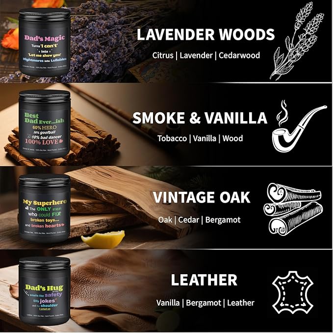 Scented Candles for Men, 4 Pack Mens Candle Christmas Gift for Dad, 28oz Candles for Home Scented - Lavender Woods/Smoke Vanilla/Vintage Oak/Leather, Gifts for Christmas, Birthday, Father’s Day