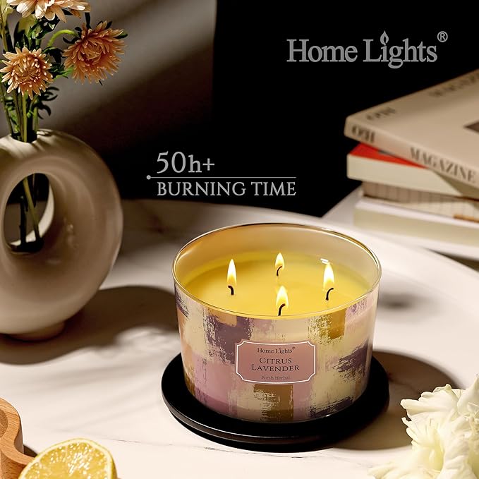 HomeLights Citrus Lavender Scented Candles | 18oz Soy Candles Scandinavian Minimalist Design 4-Wick Large Candle Jars | Ideal Candle Gifts for Events, Home Decor Stress, Relief & Relaxation