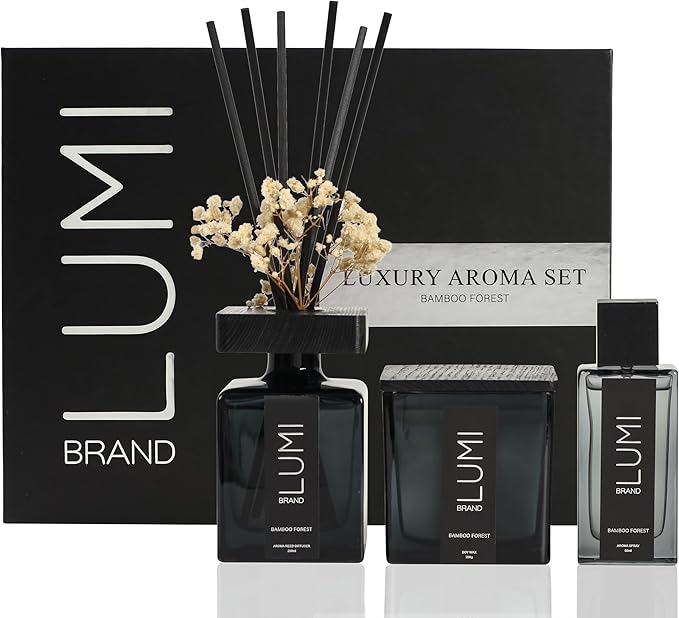 Luxury Aroma Gift Set | Bamboo Forest - Reed Diffuser (200ml), Wood Wick Soy Candle (200g), Room Spray (50ml) | Includes Dried Flowers & 8 Reeds | Luxurious Home Fragrance for Home Décor & Gifts