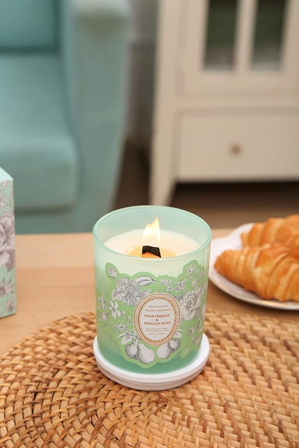 Pear Freesia & English Rose Wood Wick Soy Scented Candle | Aromatherapy Stress Relief Candle for Home 10.6 oz | Long-Lasting Clean Burn | Gift for Women & Men