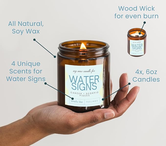 Pisces, Cancer, Scorpio Gifts for Women - Wood Wick Candles, 4 Pack Small Scented Candles Set for Women. 6oz Natural Soy Wax, Aromatherapy Set for Home. Zodiac Astrology Birthday Spiritual Gifts