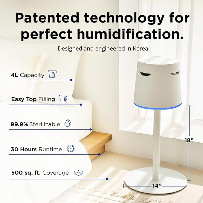 Carepod One Plus with Stand - Stainless Steel Humidifier for Large Room with Mood Light, Quiet & Safe for Baby, Only 3 Washable Parts, Easy to Clean Ultrasonic Cool Mist Humidifiers for 30Hrs, 1Gal/4L