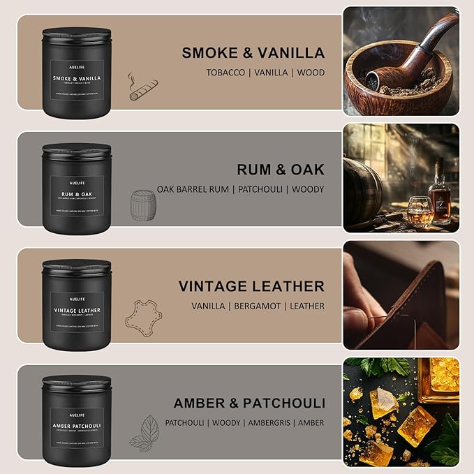 Scented Candles Set | Men Candle Set, 4 Pack Candles for Home, Gifts for Men - Aromatherapy Gifts for Dad Fathers Day, Soy Candle Scent of Smoke & Vanilla/Rum Oak/Vintage Leather/Amber Patchouli