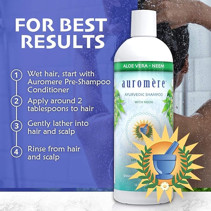 Auromere Ayurvedic Shampoo, Aloe Vera Neem - Vegan, Cruelty Free, Non-GMO, Natural, Gluten Free, Sulfate Free, Paraben Free for Dry to Normal Hair (16 fl oz), 1 Pack