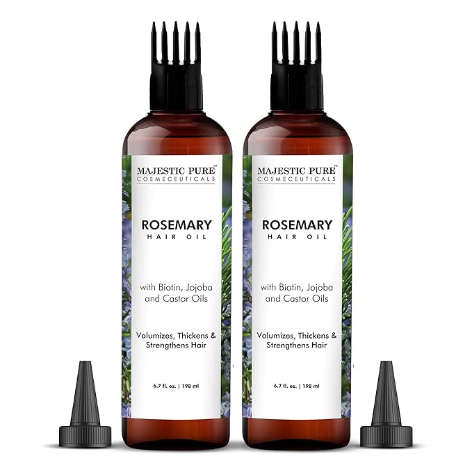 Majestic Pure 100% Pure Rosemary Oil For Hair Growth - Strengthening, Nourishing, Volumizing - Infused with Biotin Oil, Jojoba Oil & Castor Oil - Non GMO Verified - 6.7 Fl Oz (Pack of 2)