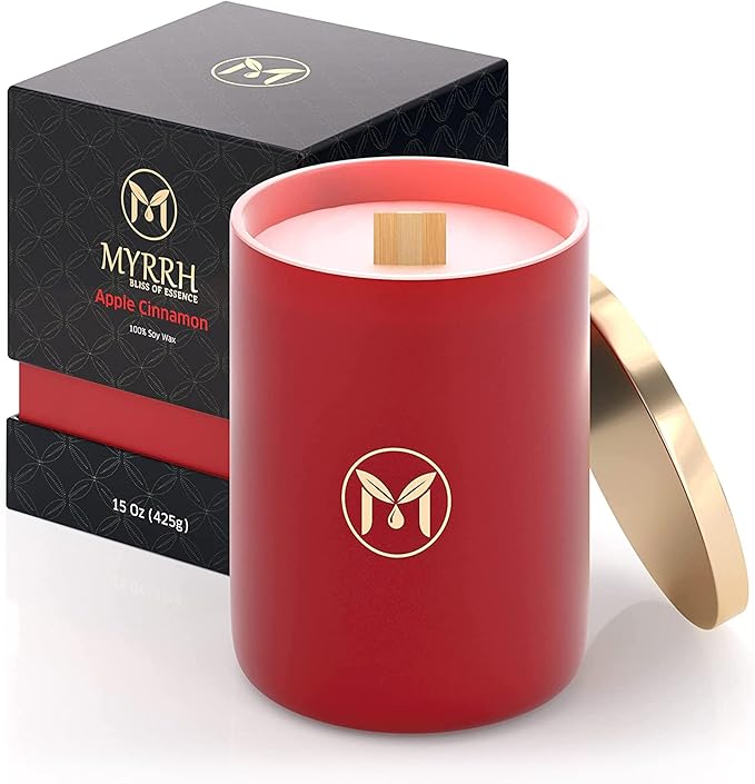 MyrrhUSA Apple Cinnamon Scented Candle – 15 oz Natural Soy Wax with Crackling Wooden Wick & Essential Oil | 80 Hour Burn | Luxury Aromatherapy Candle for Relaxation, Home Décor, Living Room & Bathroom