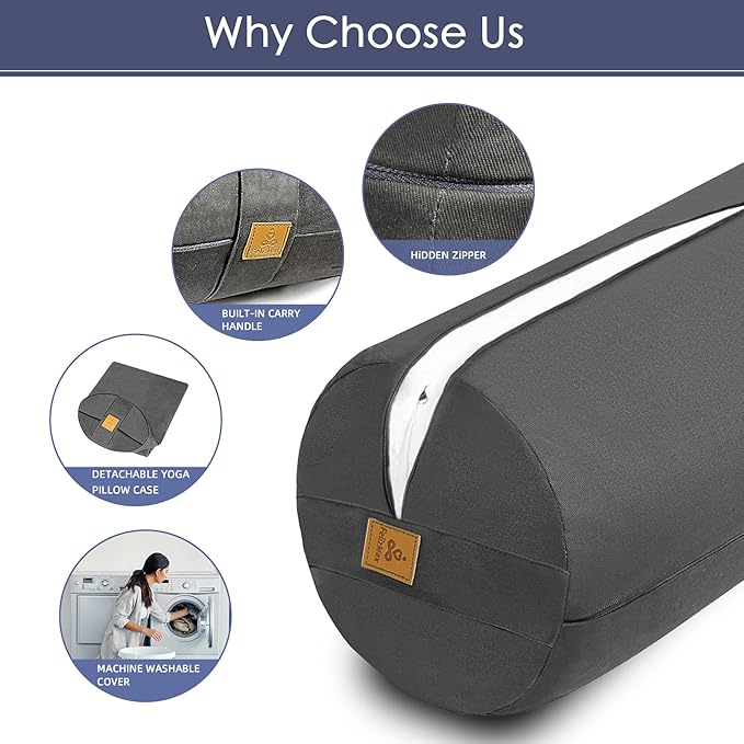 FelizMax Organic Buckwheat Bolster(24X9 in) Yoga Bolster Supportive Yoga Cushion for Restorative Yoga Accessories Meditation Pillow Reading Pillow Floor Pillow Large Round Cylinder